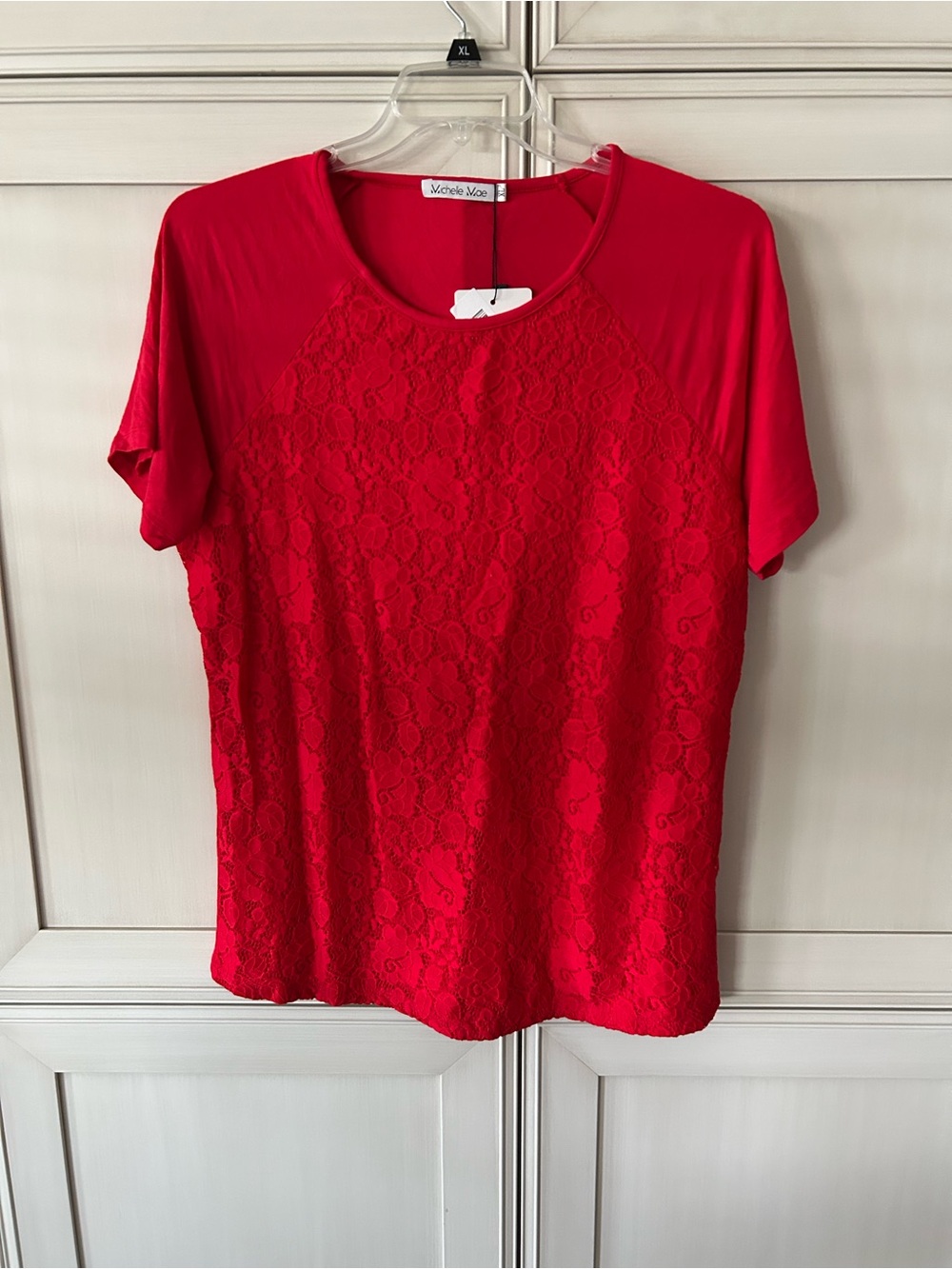 Michelle Mae Red Lace-Front Short Sleeve Tee